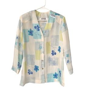 (252) Beverly Rose Floral Turquoise/Ivory Blouse